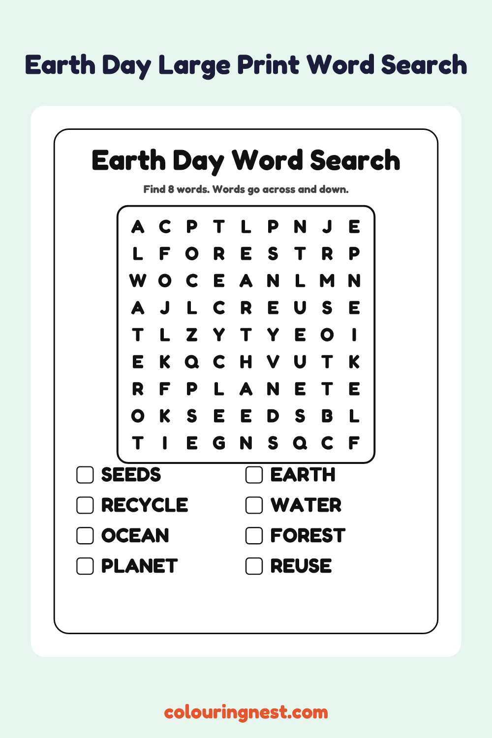 Earth Day Large Print Word Search: free printable black-and-white line art