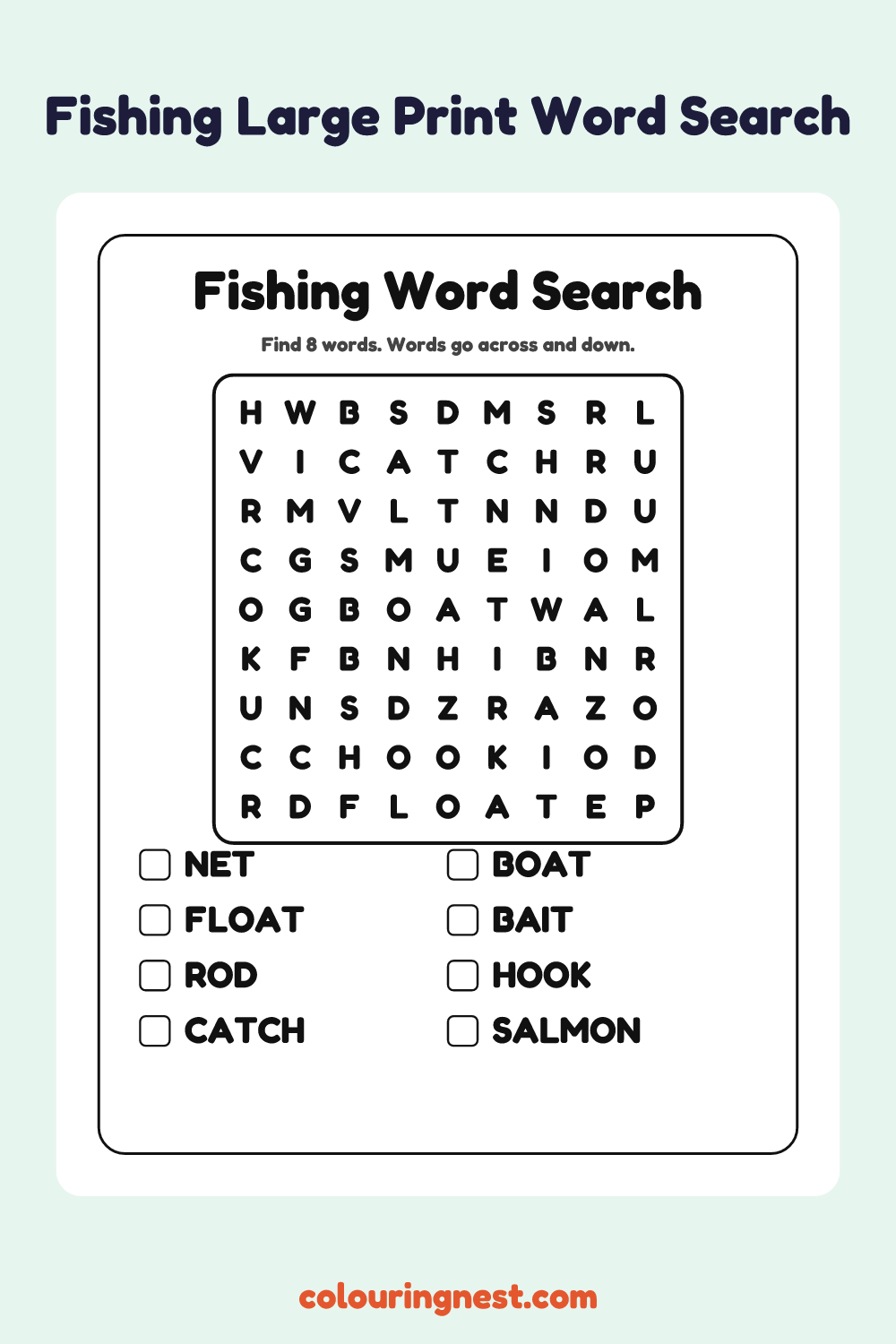 Fishing Large Print Word Search: free printable black-and-white line art