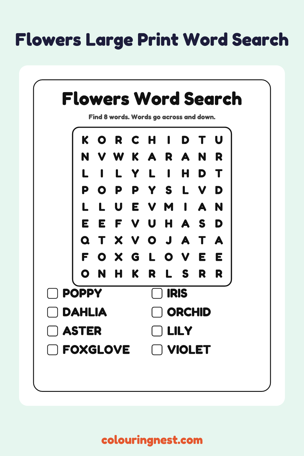 Flowers Large Print Word Search: free printable black-and-white line art