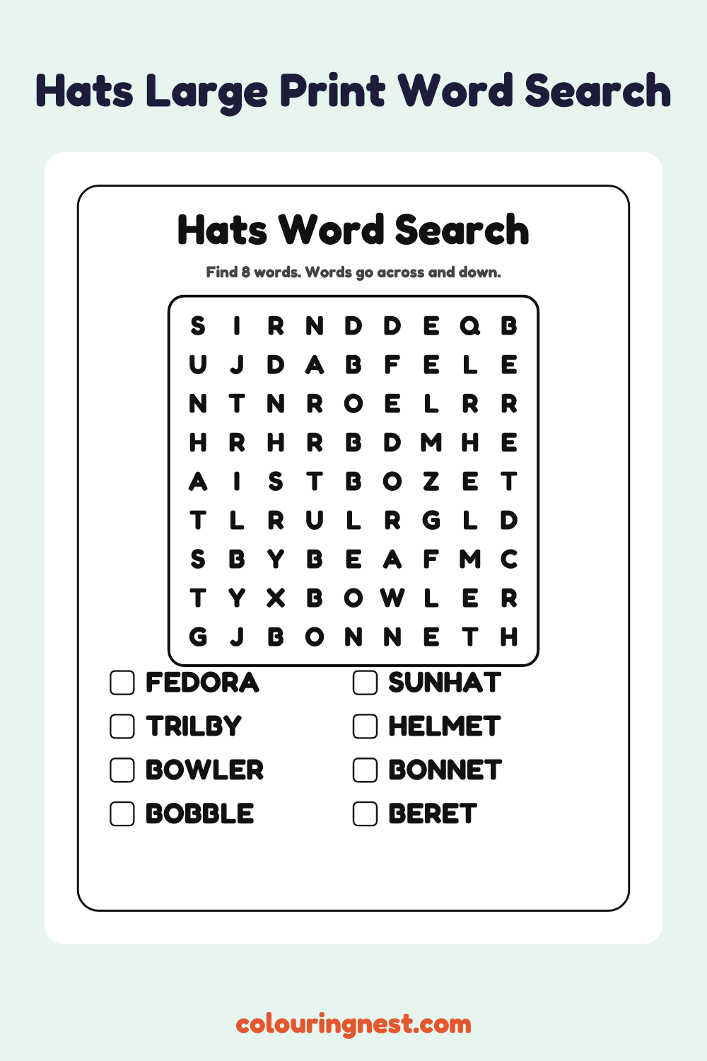 Hats Large Print Word Search: free printable black-and-white line art