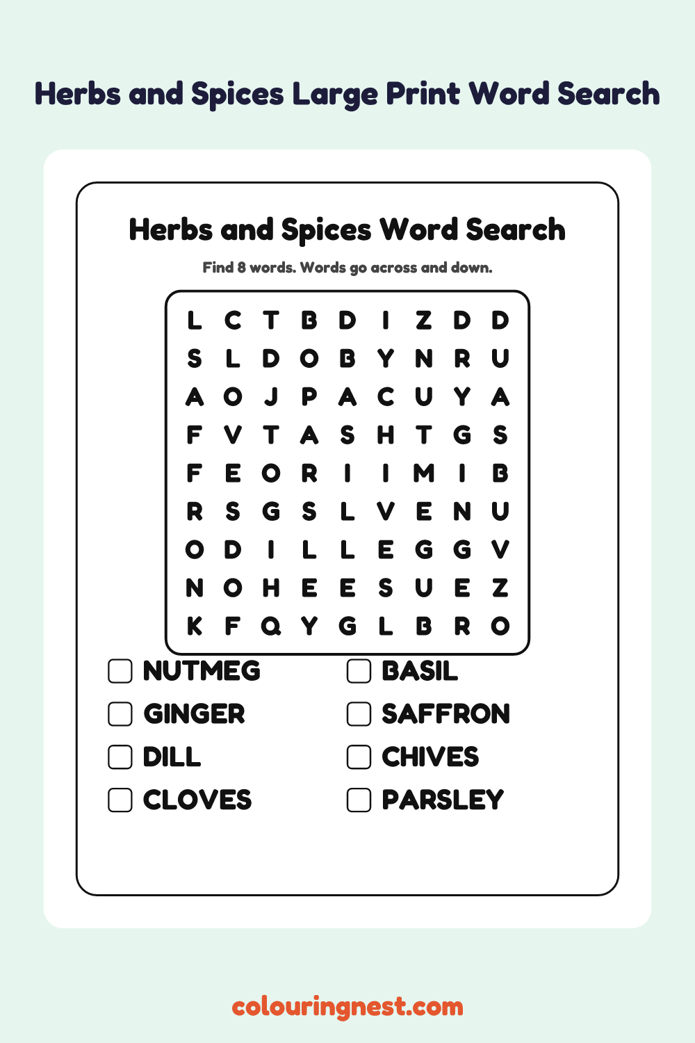 Herbs and Spices Large Print Word Search: free printable black-and-white line art