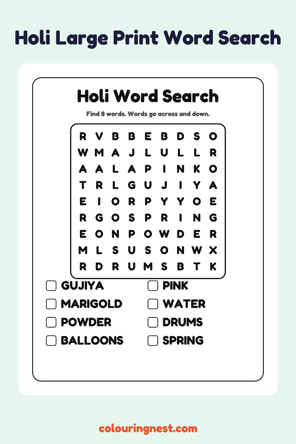 Holi Large Print Word Search: free printable black-and-white line art