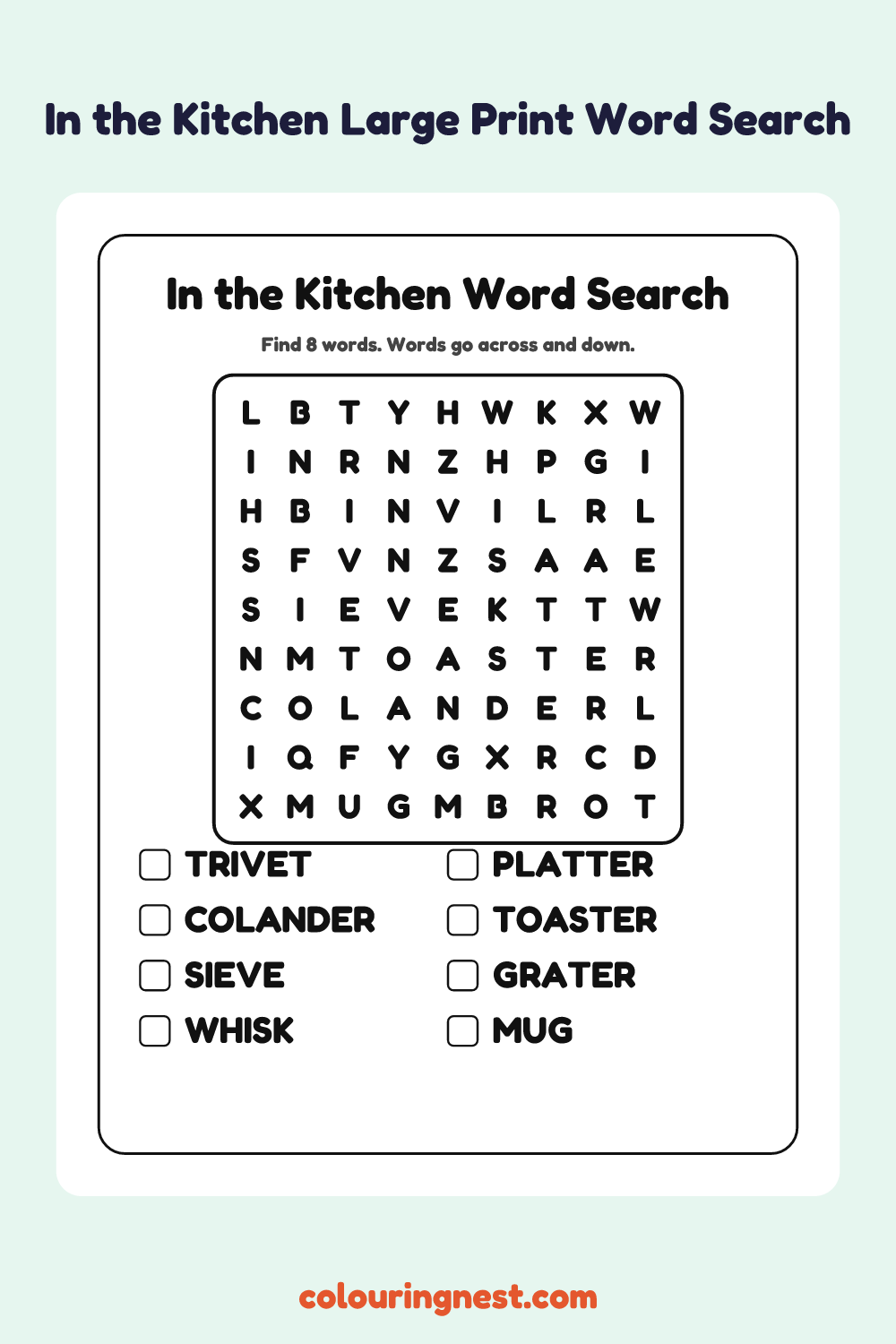 In the Kitchen Large Print Word Search: free printable black-and-white line art
