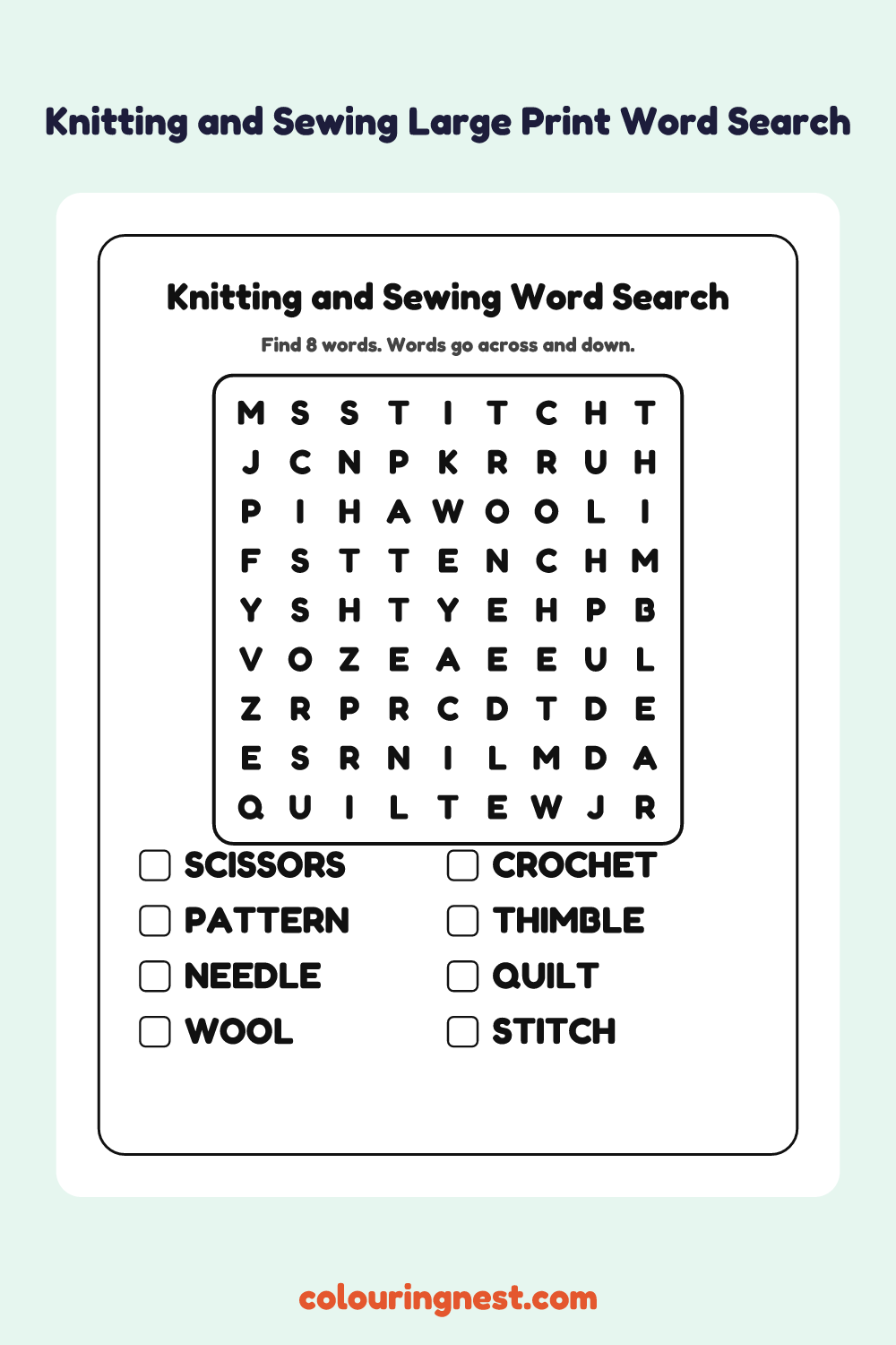 Knitting and Sewing Large Print Word Search: free printable black-and-white line art