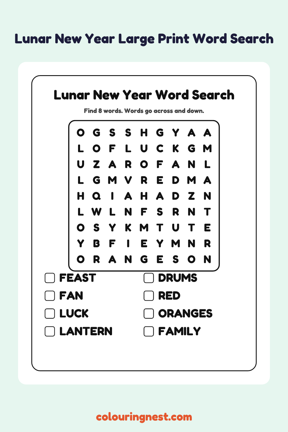 Lunar New Year Large Print Word Search: free printable black-and-white line art