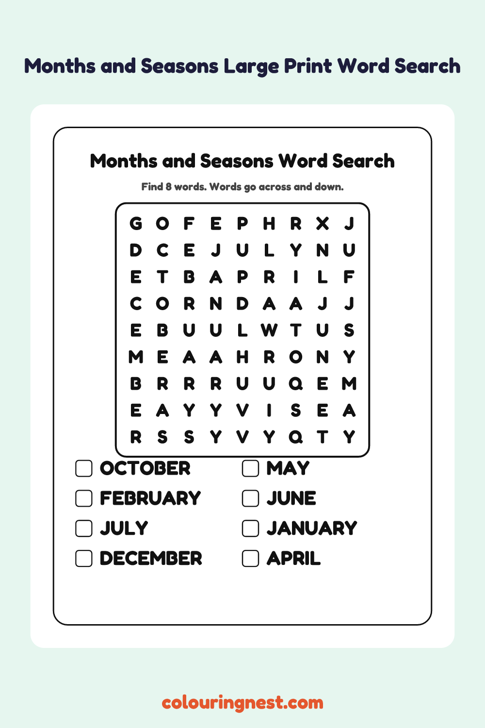 Months and Seasons Large Print Word Search: free printable black-and-white line art