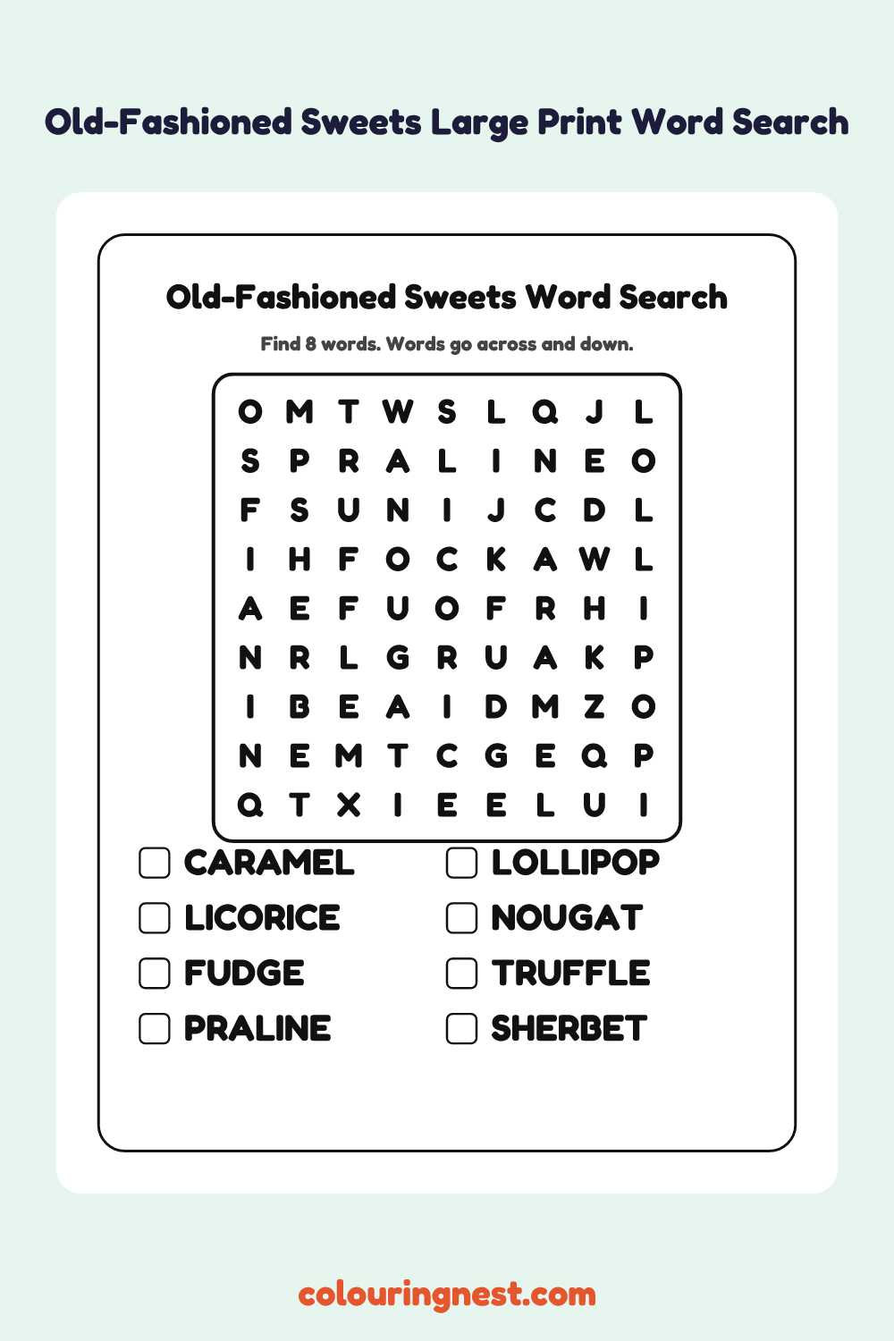 Old-Fashioned Sweets Large Print Word Search: free printable black-and-white line art