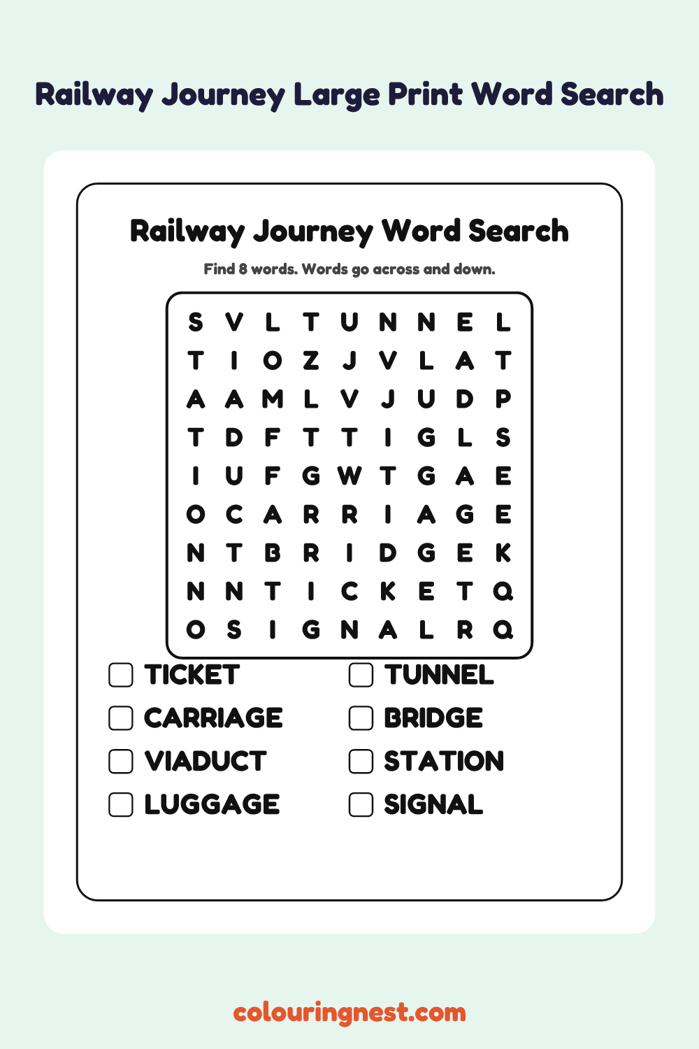 Railway Journey Large Print Word Search: free printable black-and-white line art