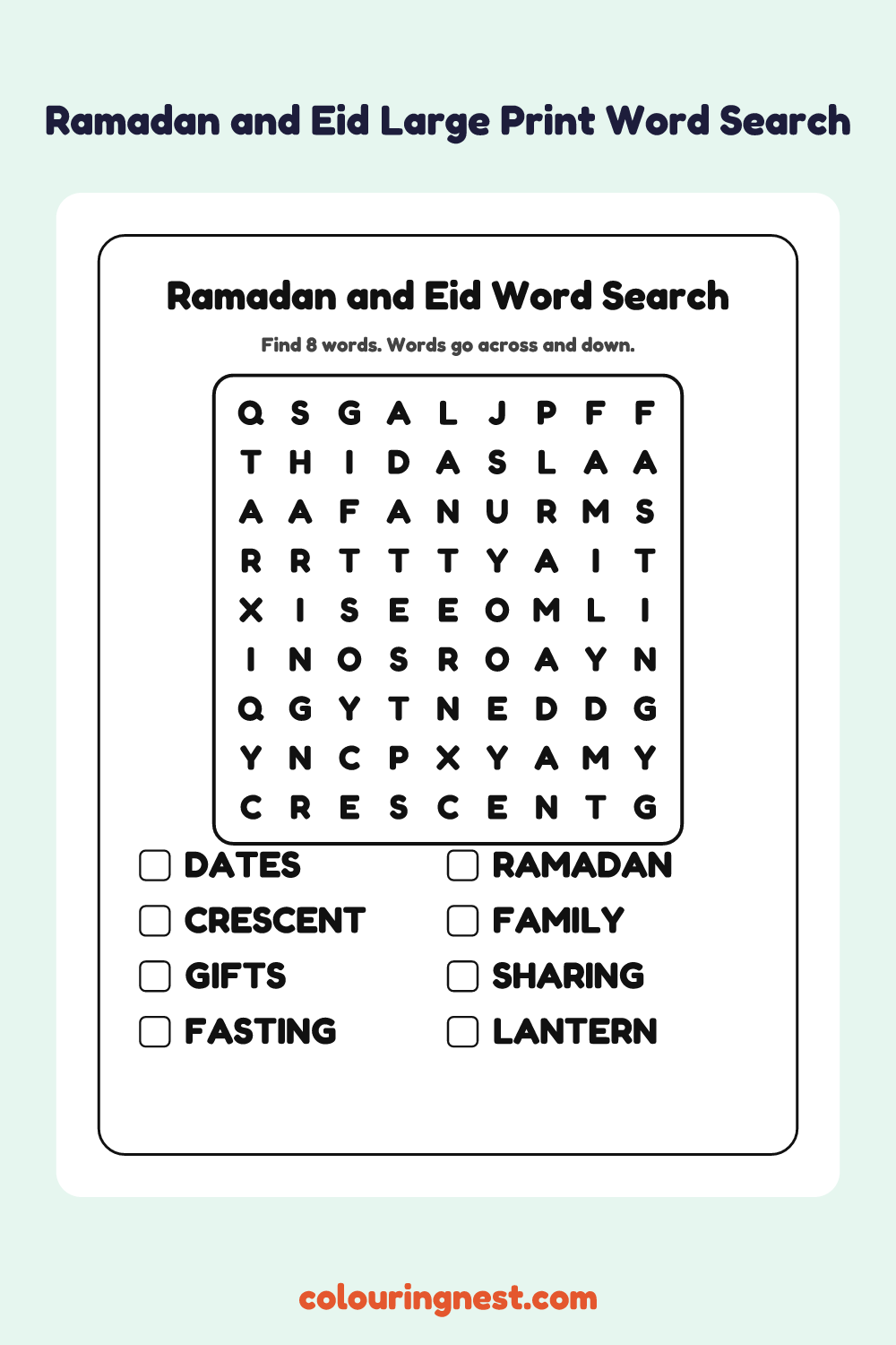 Ramadan and Eid Large Print Word Search: free printable black-and-white line art