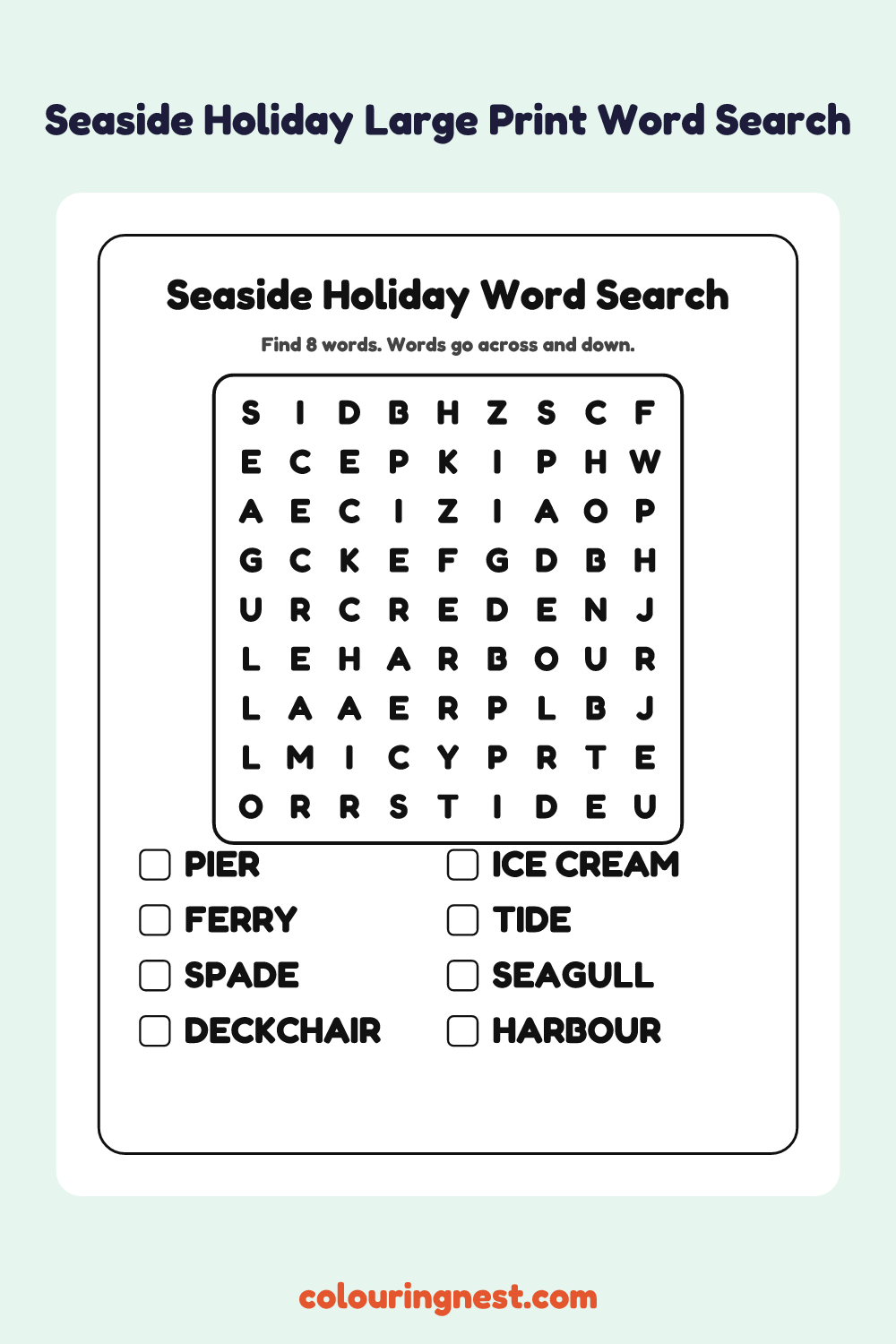 Seaside Holiday Large Print Word Search: free printable black-and-white line art
