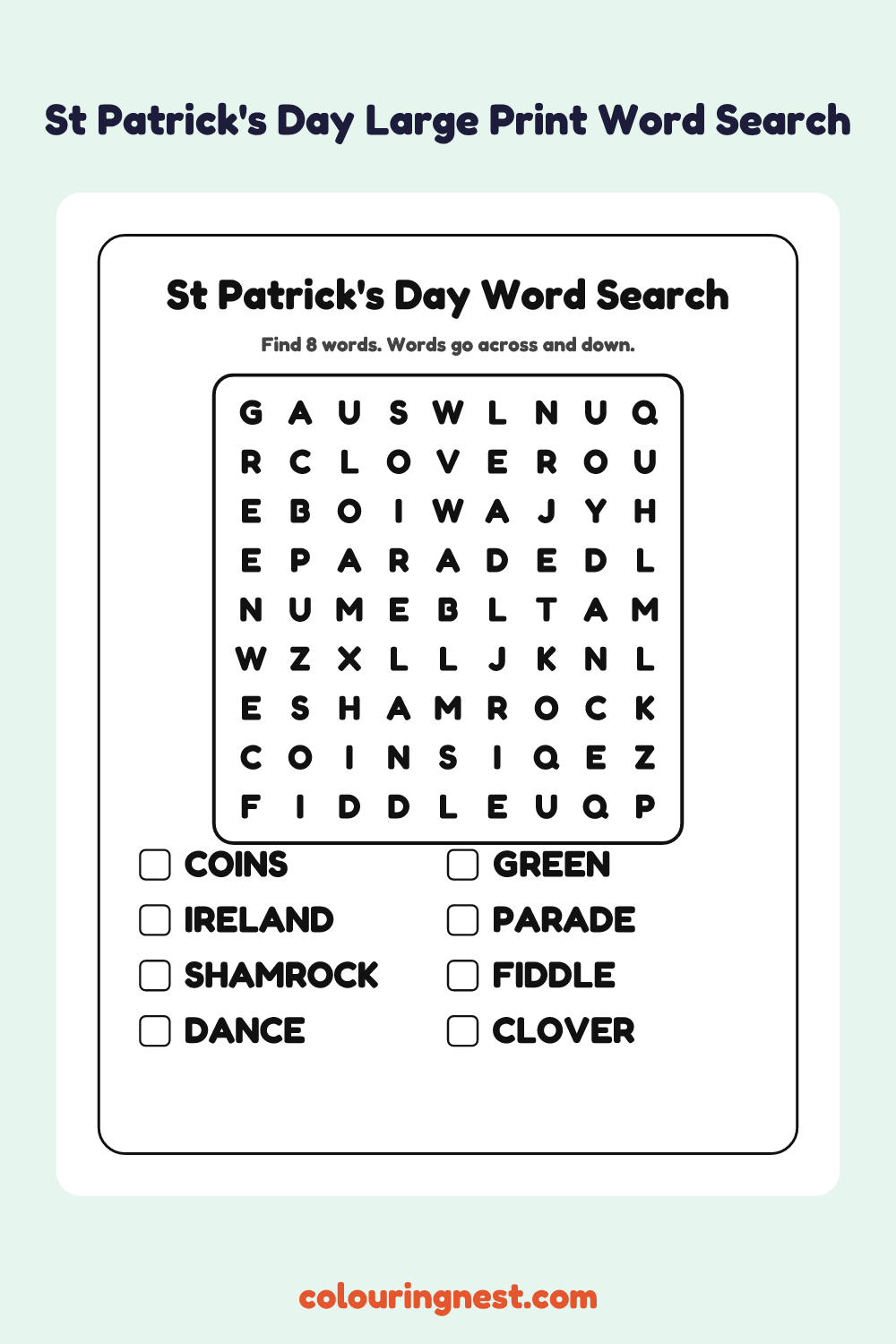 St Patrick's Day Large Print Word Search: free printable black-and-white line art