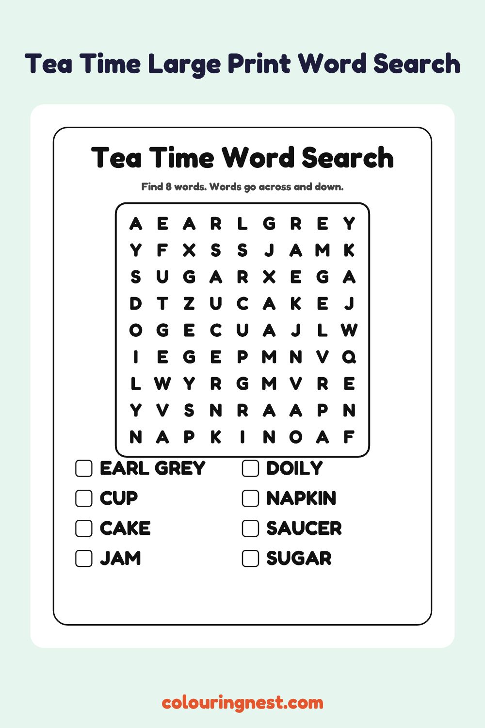 Tea Time Large Print Word Search: free printable black-and-white line art