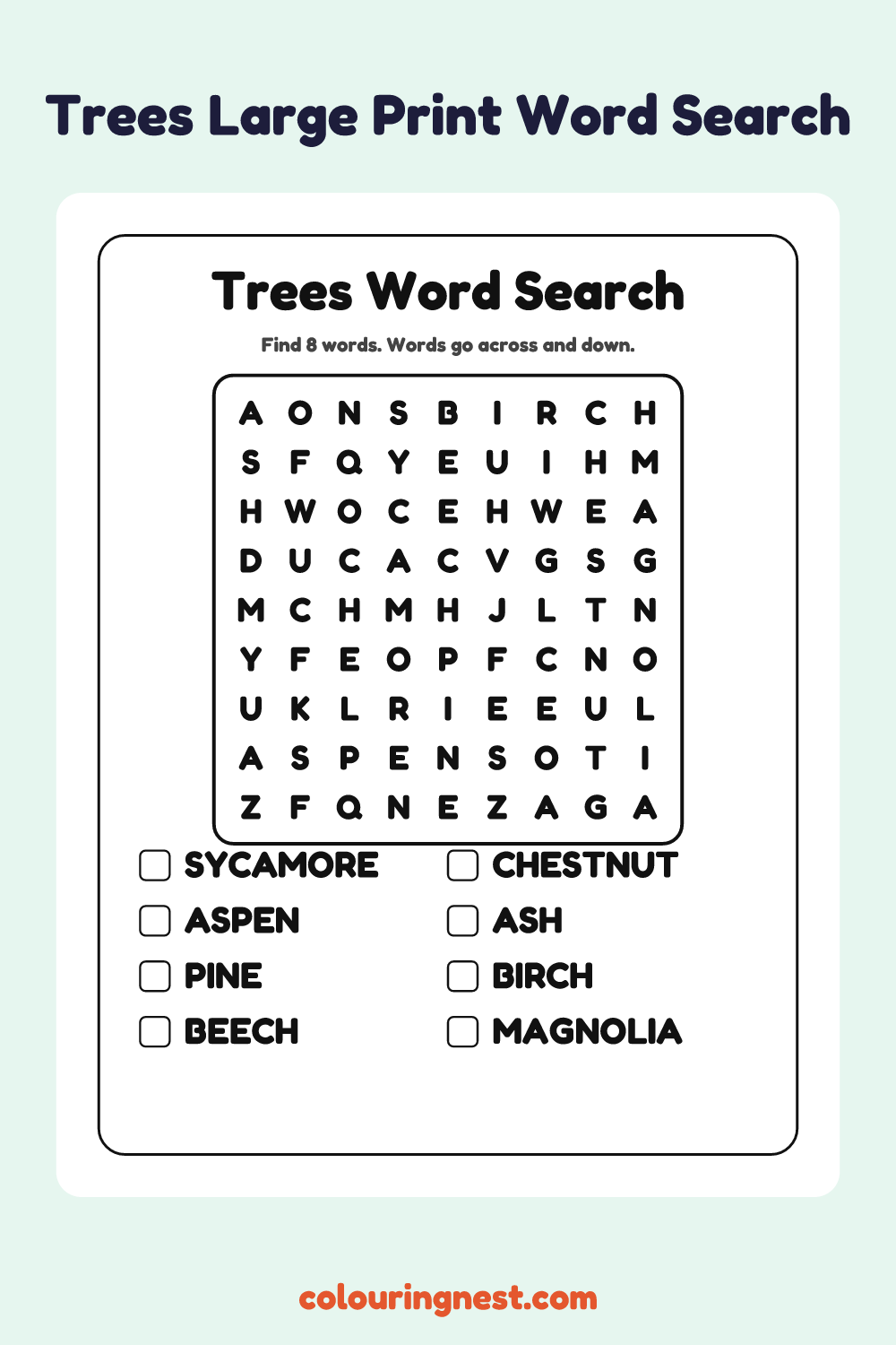 Trees Large Print Word Search: free printable black-and-white line art