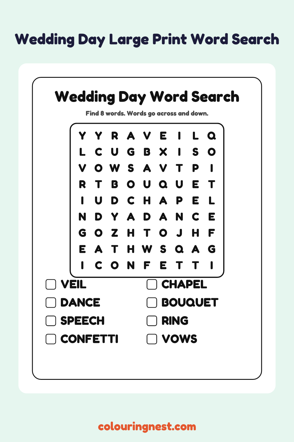 Wedding Day Large Print Word Search: free printable black-and-white line art