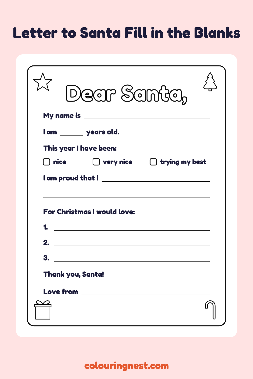 Letter to Santa Template (Fill in the Blanks): free printable Christmas writing template