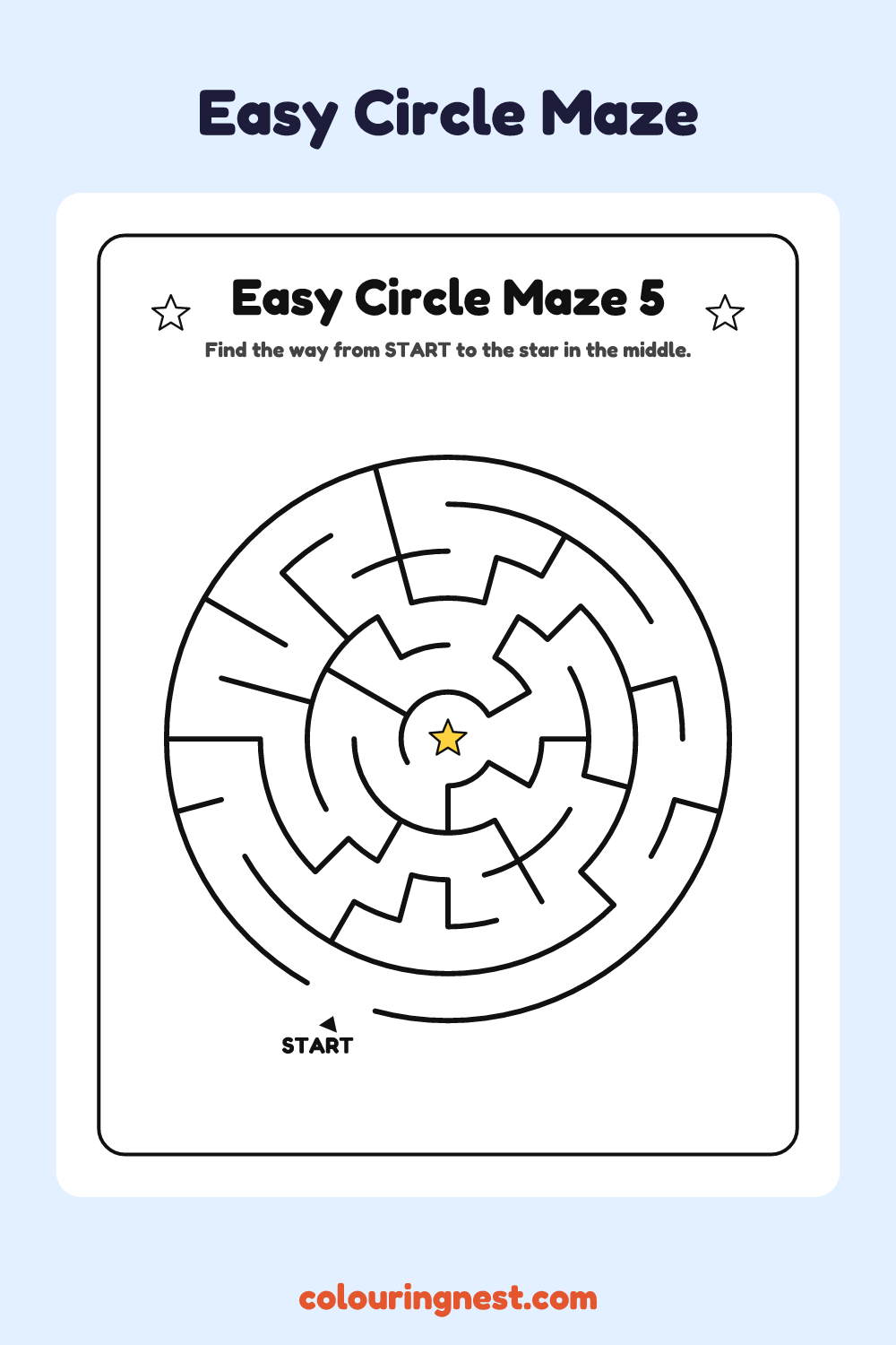 Easy Circle Maze #5: free printable black-and-white line art