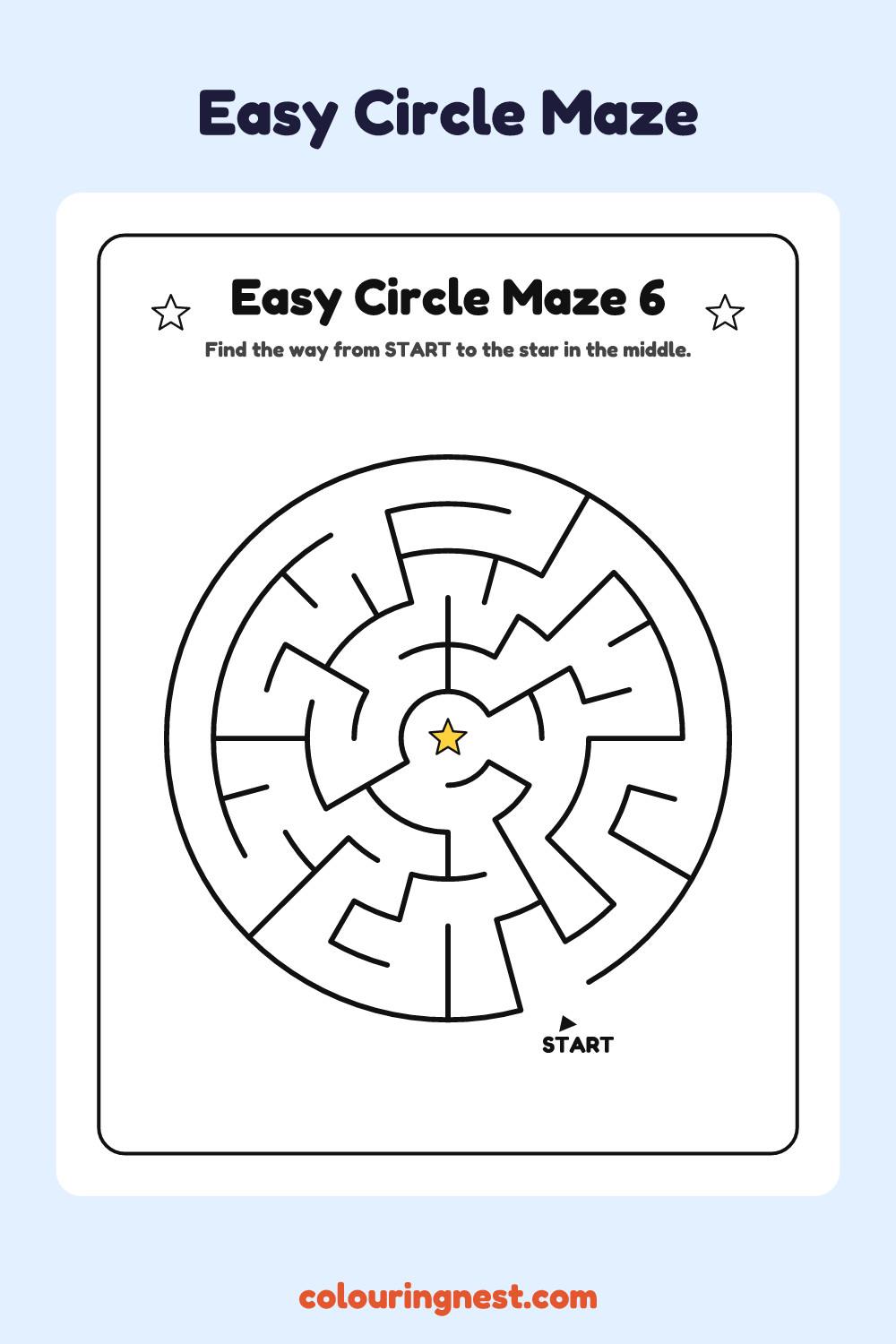 Easy Circle Maze #6: free printable black-and-white line art