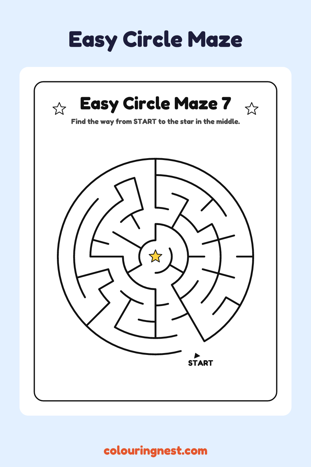 Easy Circle Maze #7: free printable black-and-white line art