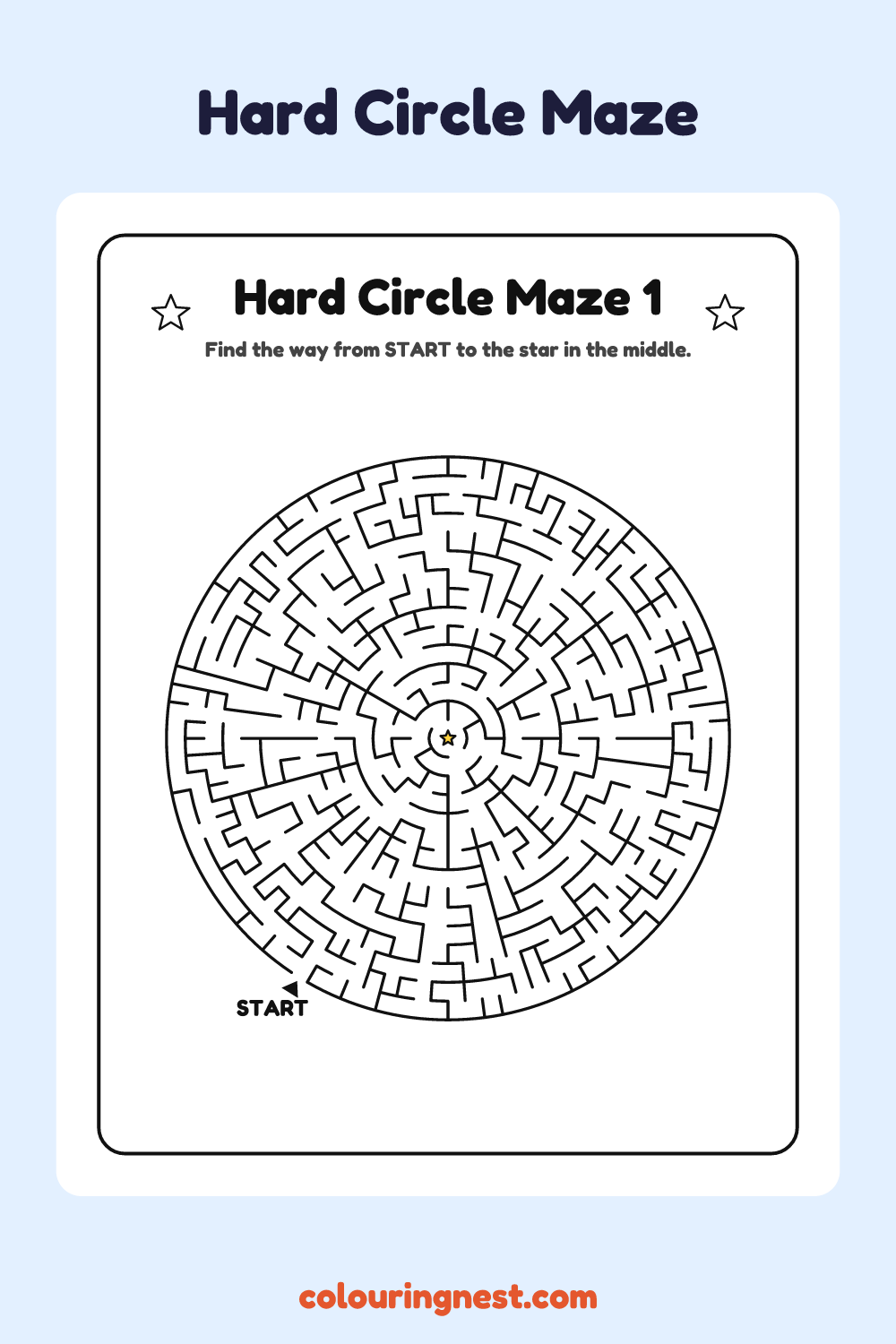 Hard Circle Maze #1: free printable black-and-white line art