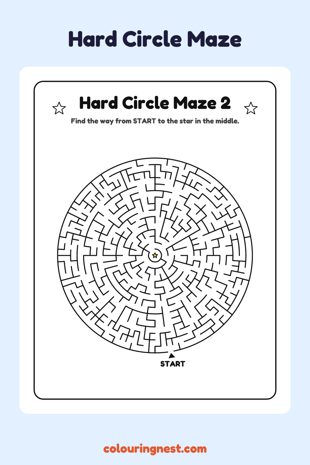 Hard Circle Maze #2: free printable black-and-white line art