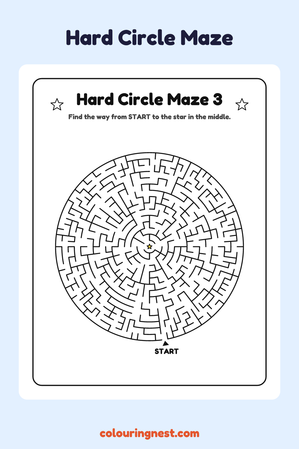 Hard Circle Maze #3: free printable black-and-white line art