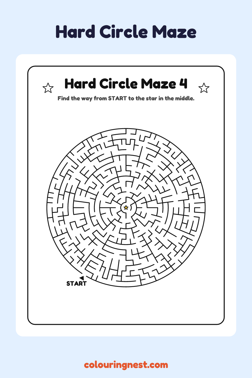 Hard Circle Maze #4: free printable black-and-white line art