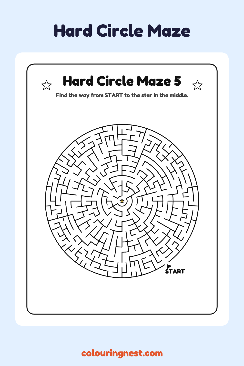 Hard Circle Maze #5: free printable black-and-white line art