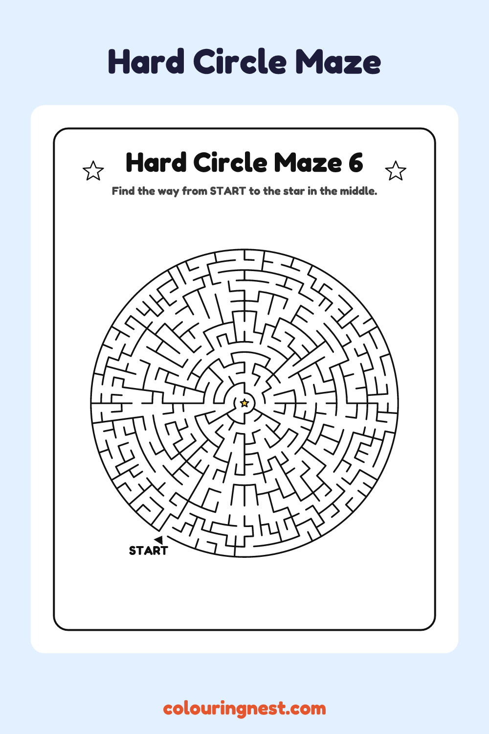 Hard Circle Maze #6: free printable black-and-white line art