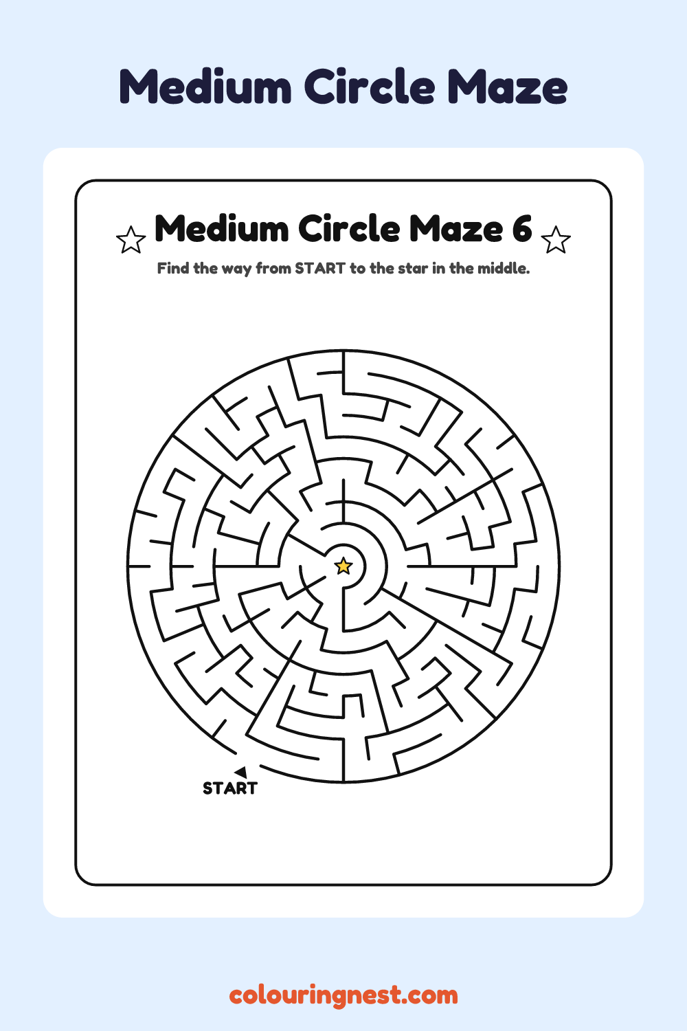 Medium Circle Maze #6: free printable black-and-white line art