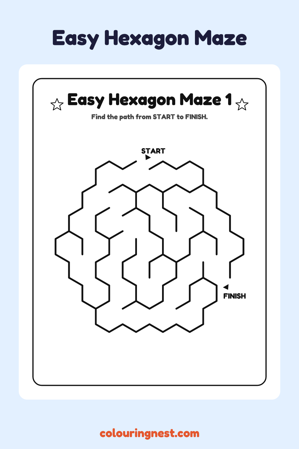 Easy Hexagon Maze #1: free printable black-and-white line art