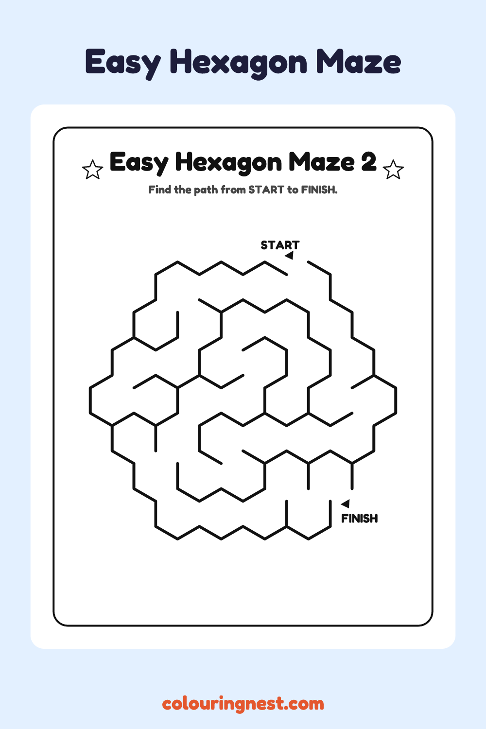 Easy Hexagon Maze #2: free printable black-and-white line art