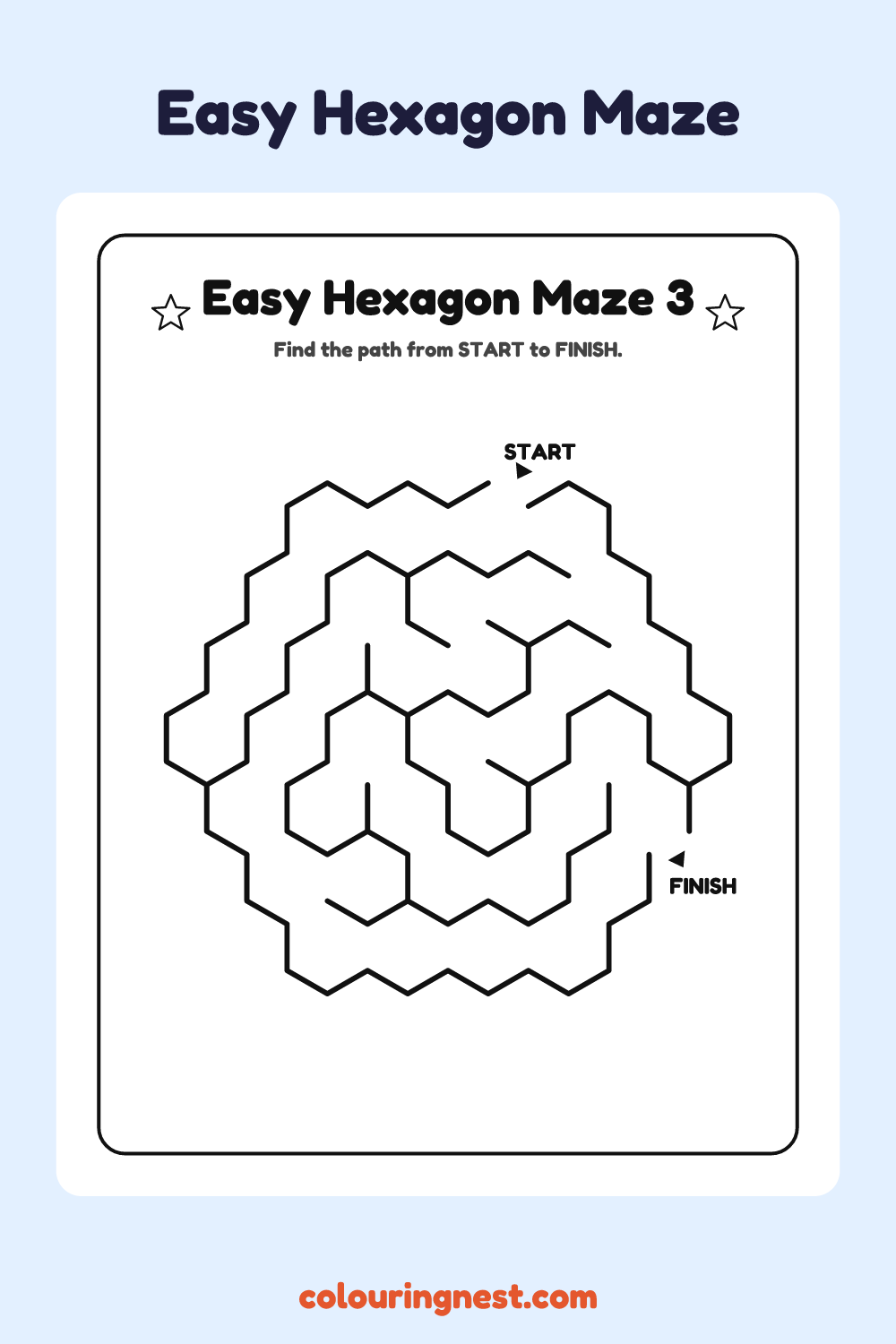 Easy Hexagon Maze #3: free printable black-and-white line art