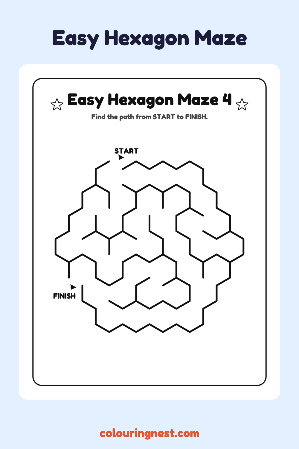 Easy Hexagon Maze #4: free printable black-and-white line art