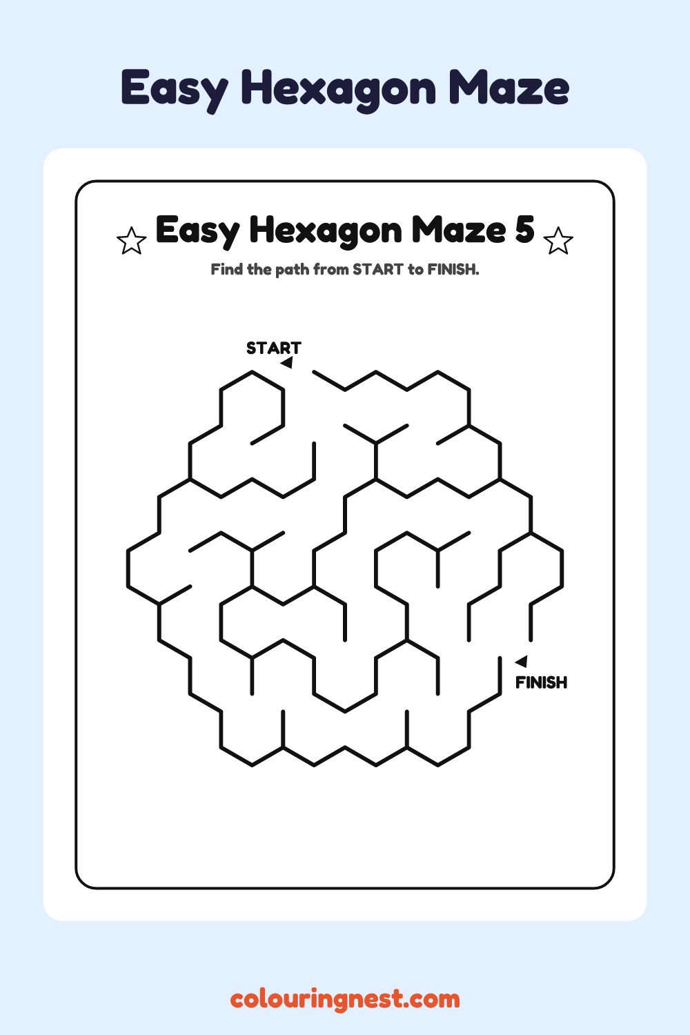 Easy Hexagon Maze #5: free printable black-and-white line art