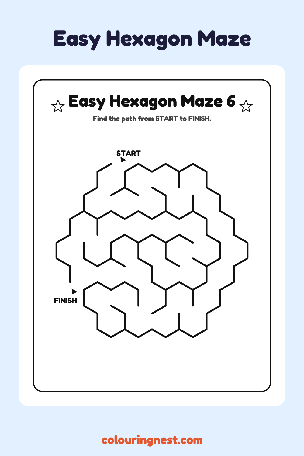 Easy Hexagon Maze #6: free printable black-and-white line art
