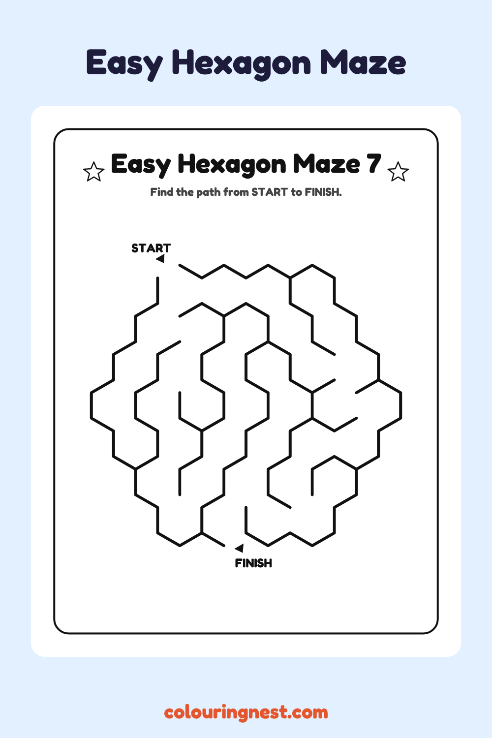 Easy Hexagon Maze #7: free printable black-and-white line art