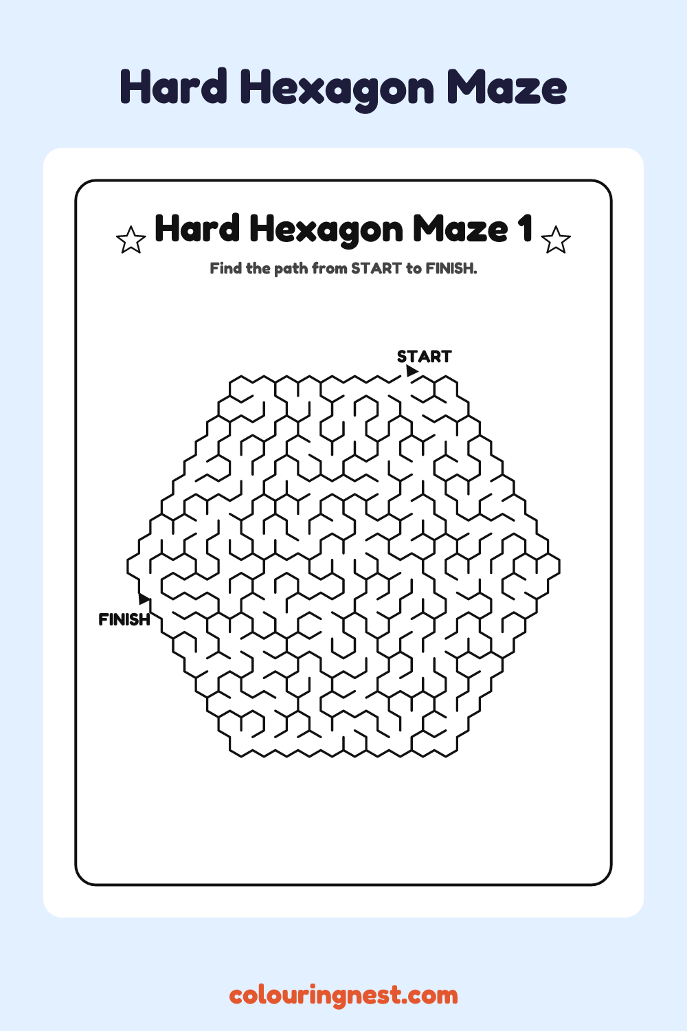 Hard Hexagon Maze #1: free printable black-and-white line art