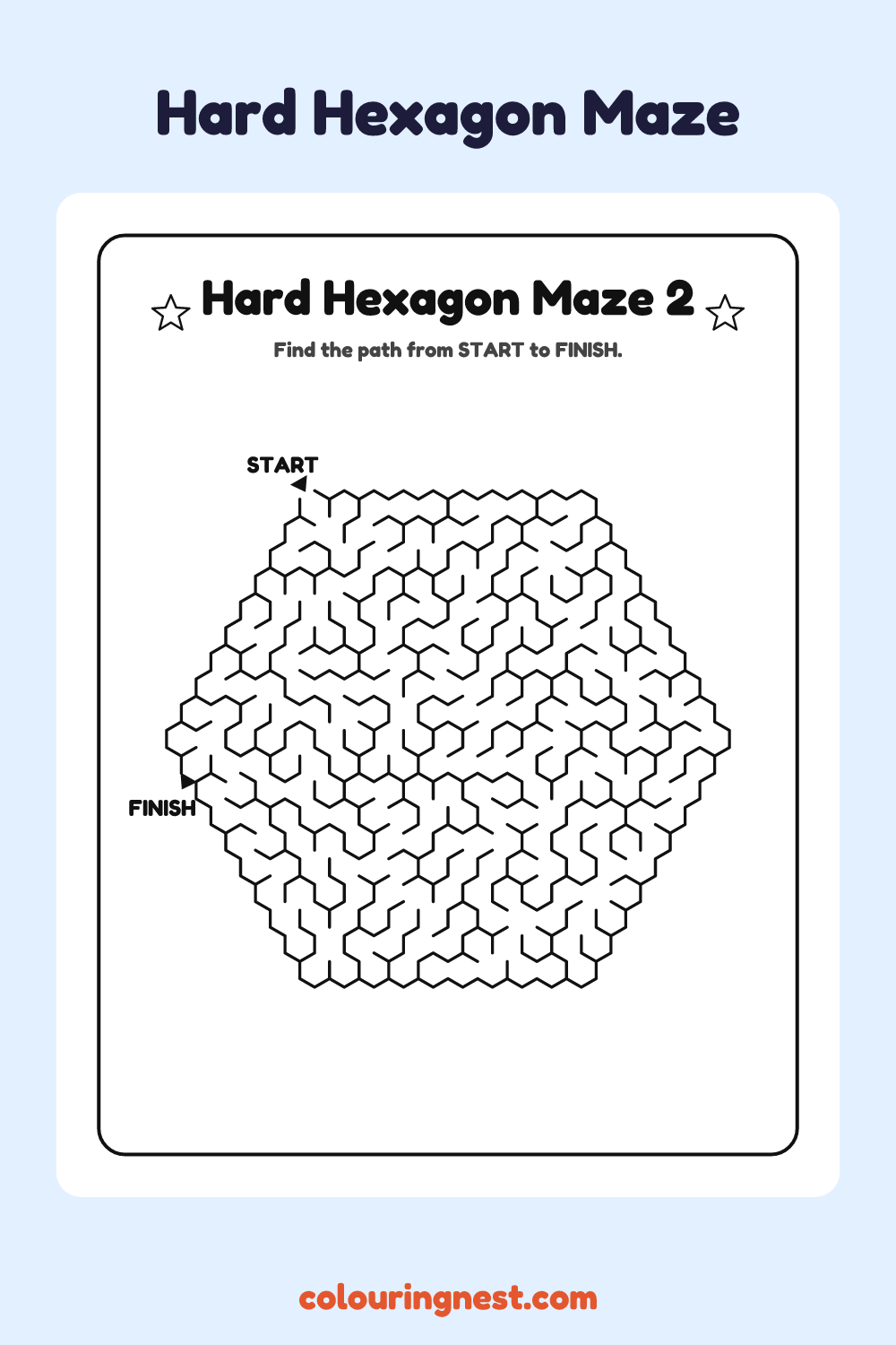 Hard Hexagon Maze #2: free printable black-and-white line art
