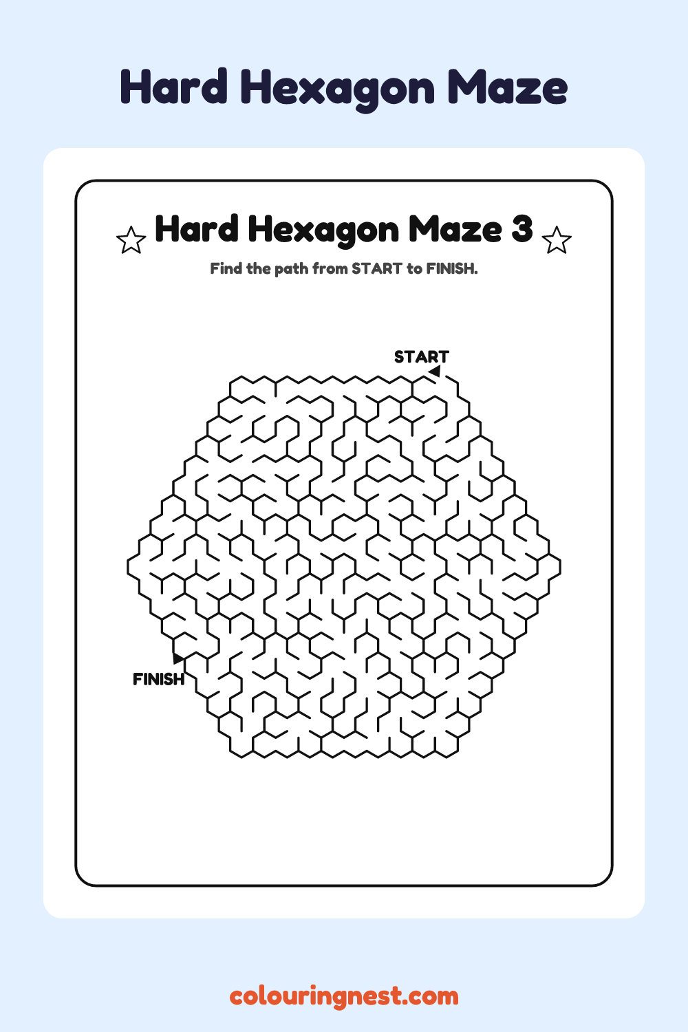 Hard Hexagon Maze #3: free printable black-and-white line art