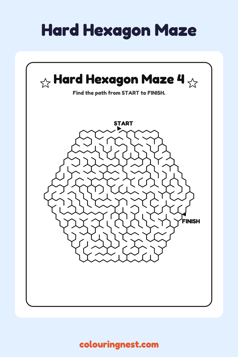 Hard Hexagon Maze #4: free printable black-and-white line art