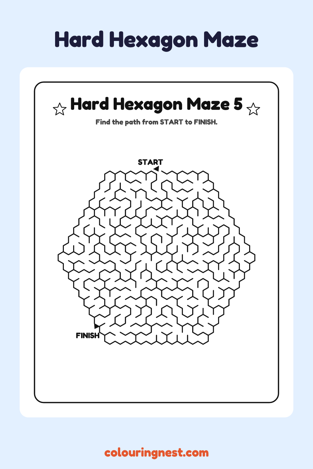 Hard Hexagon Maze #5: free printable black-and-white line art