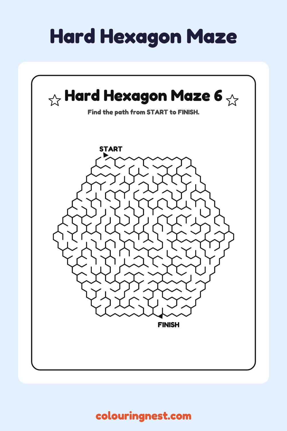Hard Hexagon Maze #6: free printable black-and-white line art