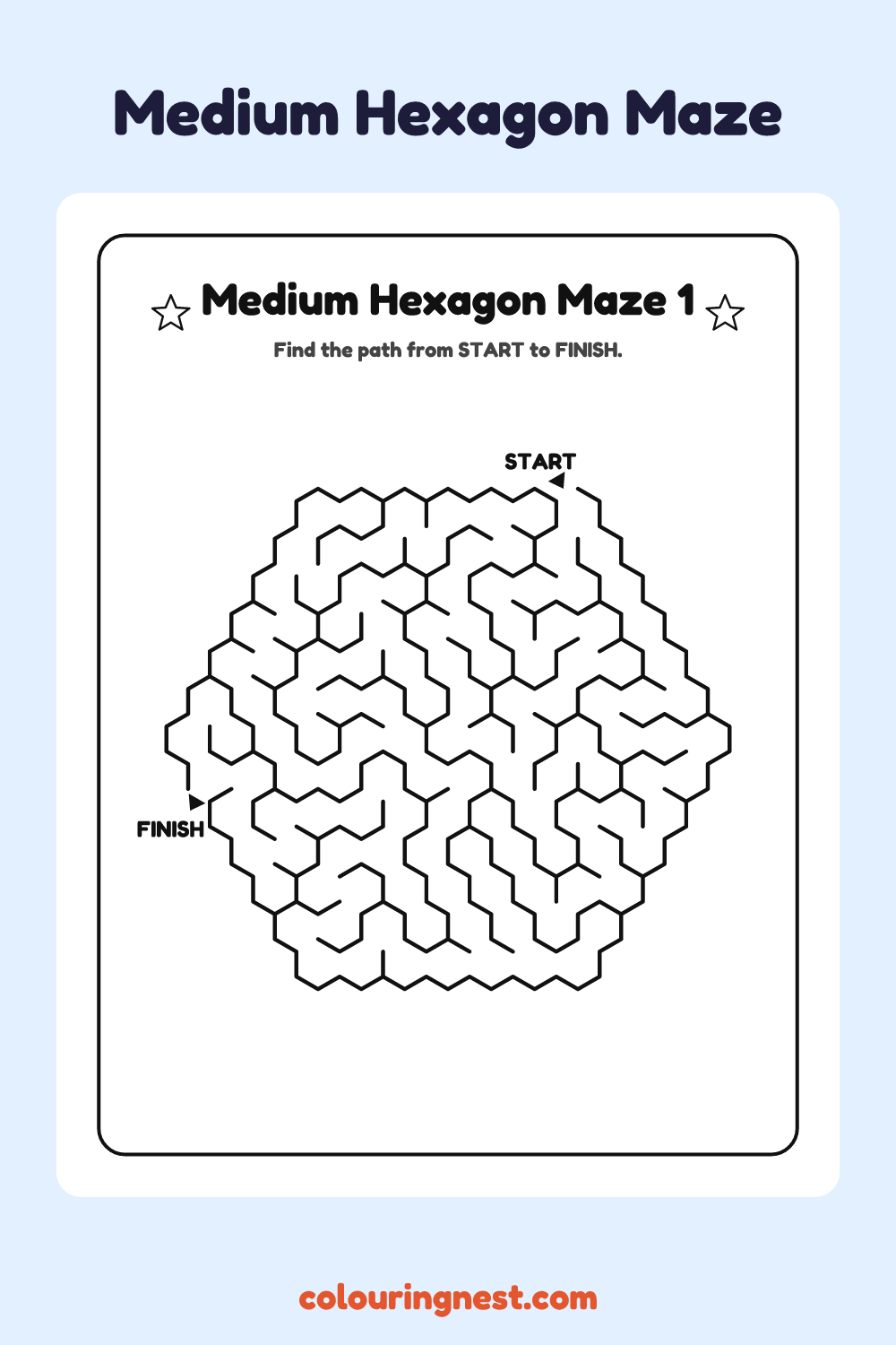 Medium Hexagon Maze #1: free printable black-and-white line art