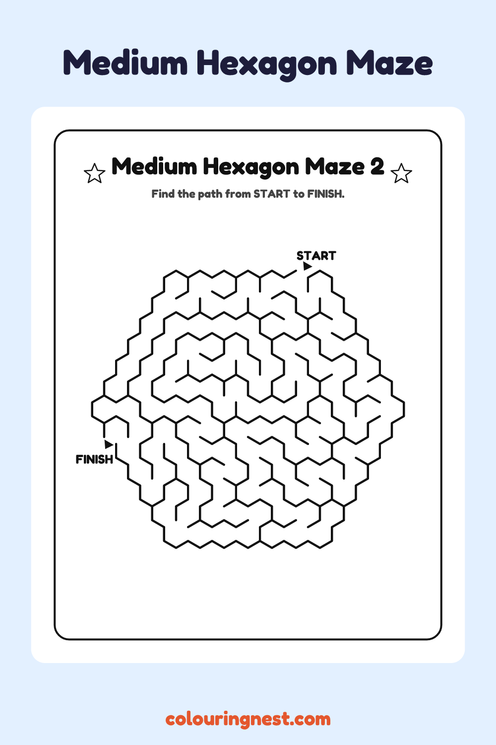 Medium Hexagon Maze #2: free printable black-and-white line art