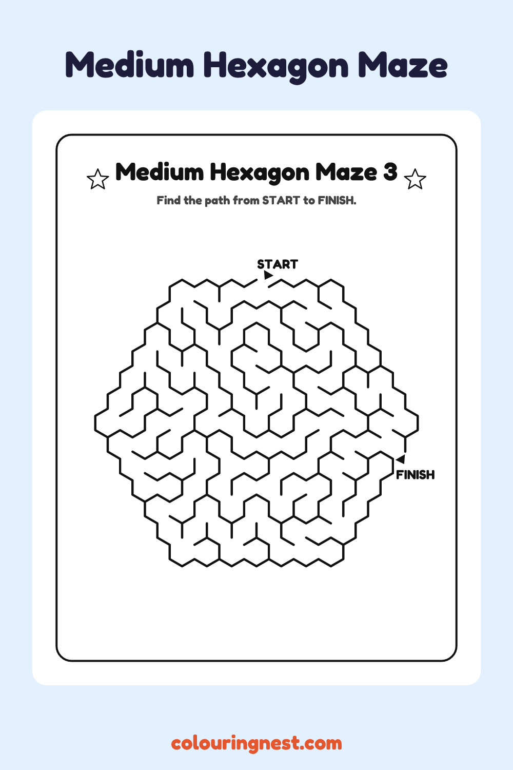 Medium Hexagon Maze #3: free printable black-and-white line art