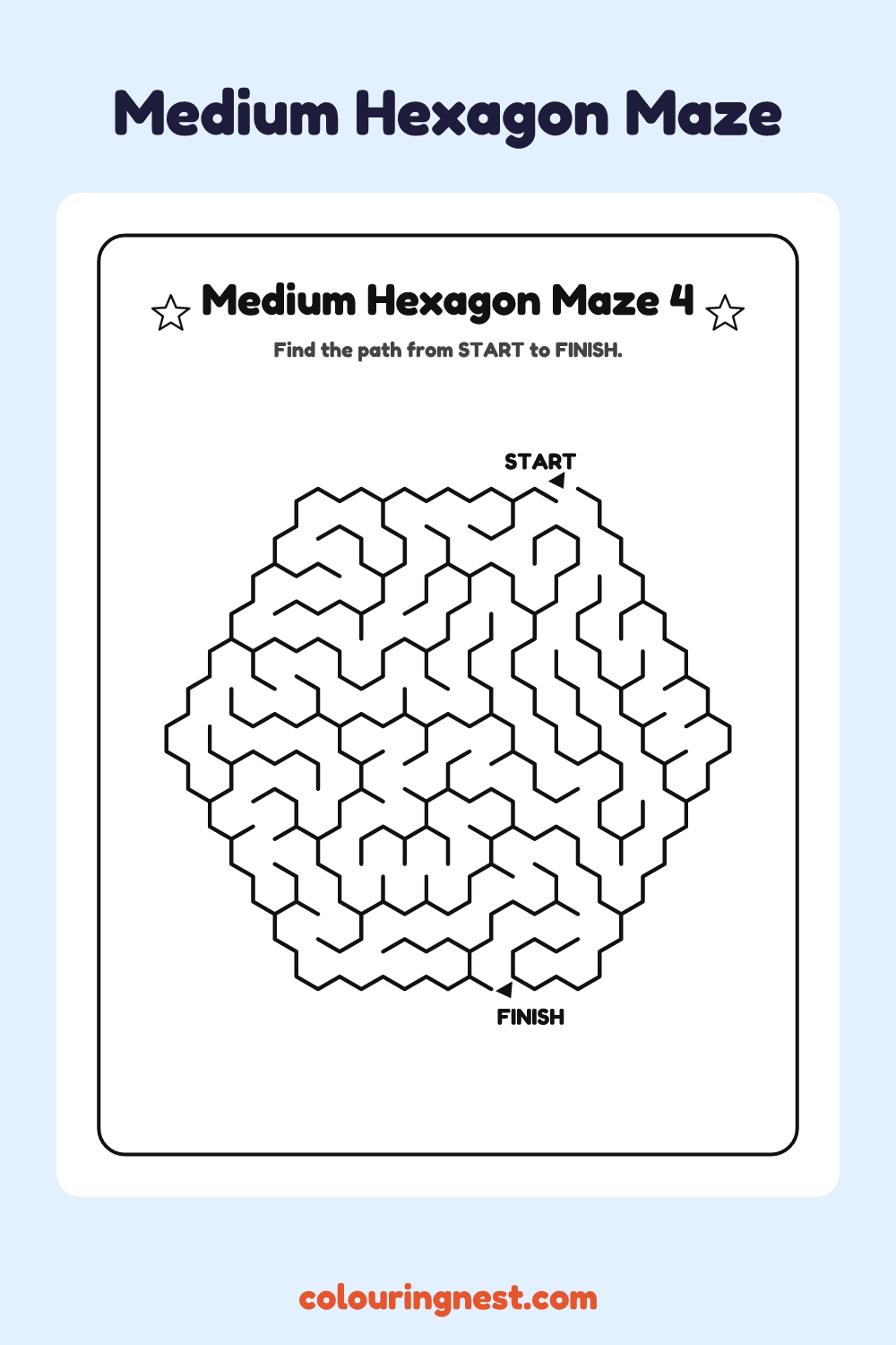 Medium Hexagon Maze #4: free printable black-and-white line art