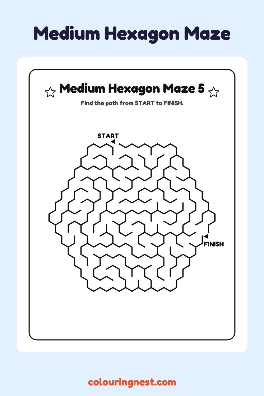 Medium Hexagon Maze #5: free printable black-and-white line art