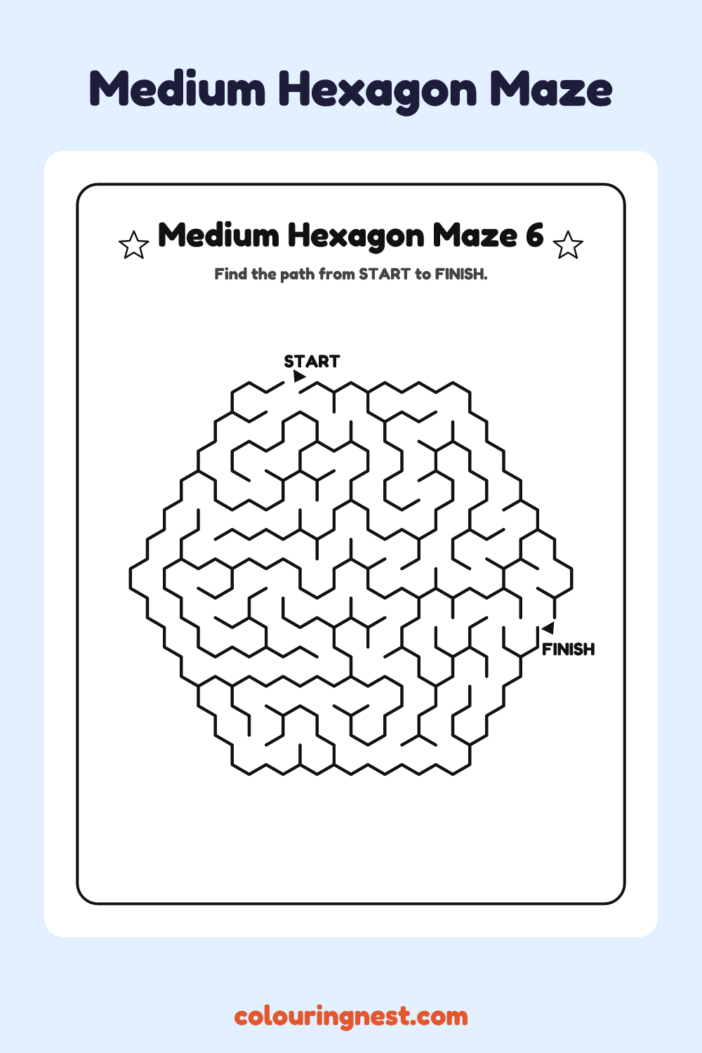 Medium Hexagon Maze #6: free printable black-and-white line art