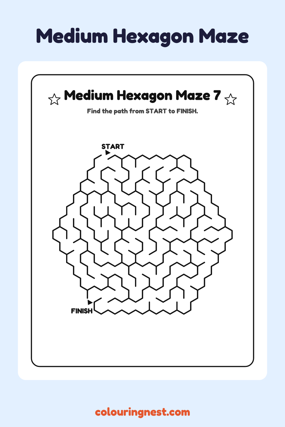 Medium Hexagon Maze #7: free printable black-and-white line art