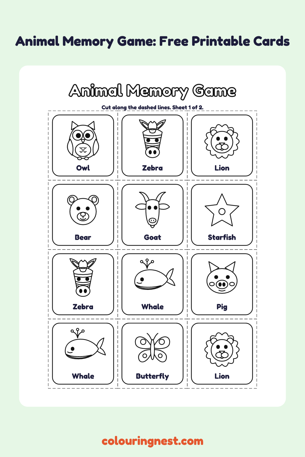 Animal Memory Game (12 Pairs): printable matching cards with pictures and names to colour and cut out